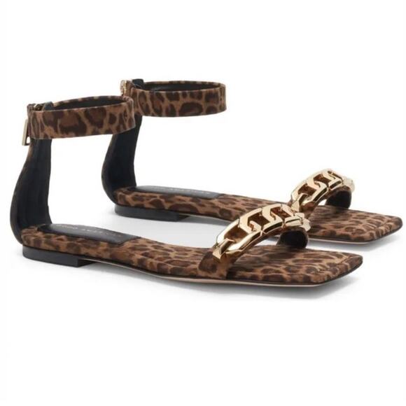 Good American leopard ankle strap sandal with gold chain NEW - Picture 1 of 8
